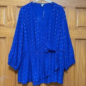 Cato Blue Blouse with Relaxed Wrap Style and 3/4 Sleeves